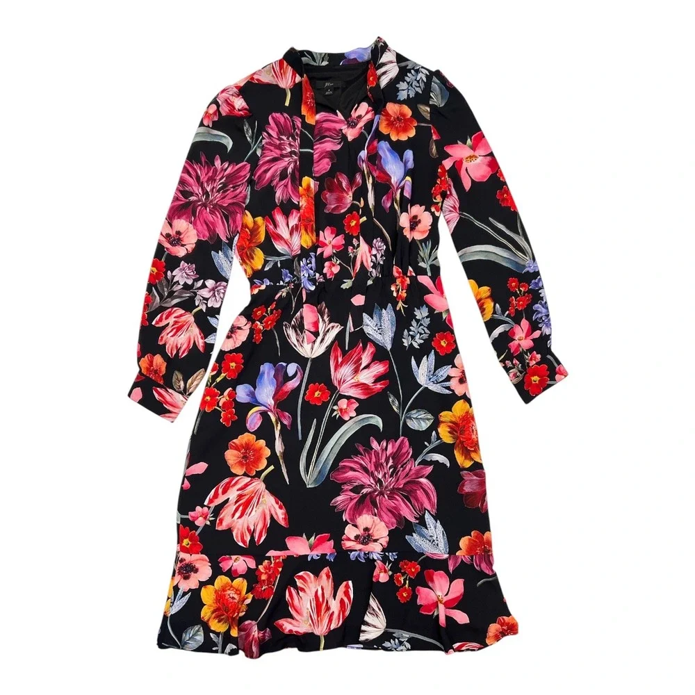 J.Crew Botanical Bloom Tie Neck Dress Size 4 Dark Floral Romantic Cottagecore
